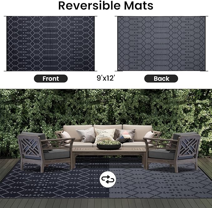 Smiry Outdoor Rug 9x12 ft, Waterproof Reversible Plastic Straw Rugs, Boho Outdoor Area Rug, Outside Floor Mat for Patio, Backyard, Deck, Picnic, Beach, Camping, Dark Grey