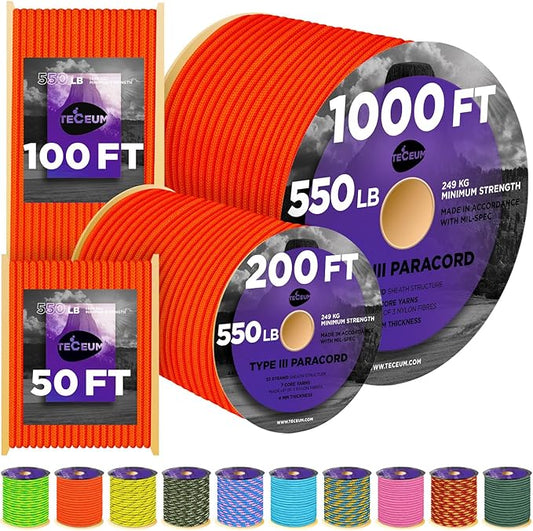 TECEUM Heavy Duty Rope 1000 – 1000ft / 200ft / 100ft / 50ft – 40+ Colors – Utility Rope for Survival & Camping Gear – Nylon String, Camping Rope, para Cord, Utility Nylon Rope, Tent Cord