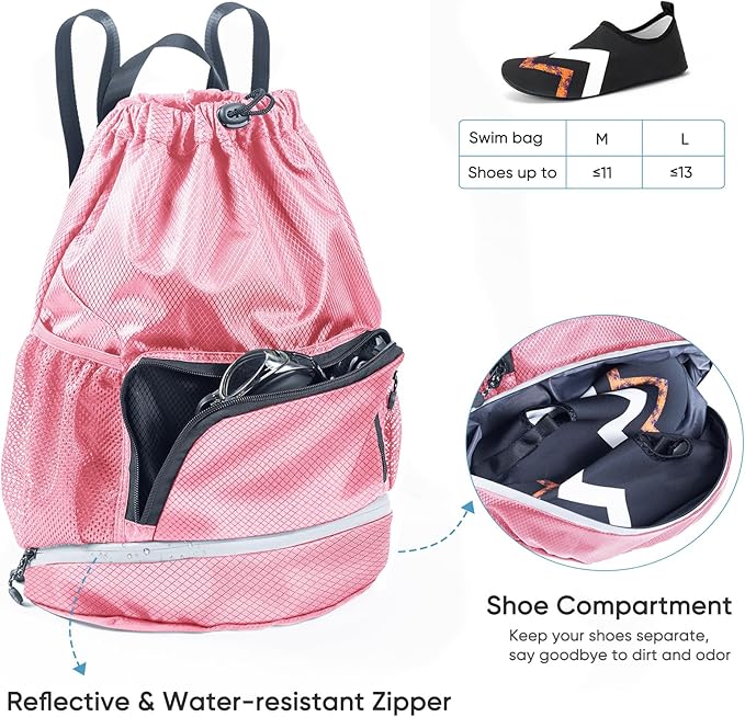 Beach Swim Bag Sports Drawstring Backpack - Gym Bag with Shoes Compartment and Waterproof Pocket for Accessories, Swim Essentials - Workout Bag