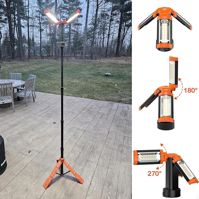 Rechargeable LED Camping Light with Detachable Tripod, 10000mAh Cordless Work Light with Adjustable 3 LED Lamp Heads, Dimmable Magnetic Lamp for Garage, Camping, Outdoor Emergencies, Orange