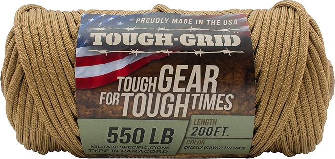 TOUGH-GRID Premium Grizzly Brown Paracord 550 lbs Made in USA Outdoor Survival Nylon Rope Tactical Heavy Duty Strands Parachute Cord Used by US Military Type III Mil-Spec