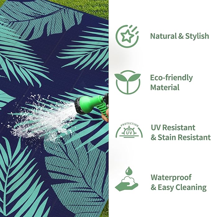 GENIMO Outdoor Rug 9' x 12' Waterproof for Patios Clearance, Reversible Outdoor Plastic Straw Camping Rug Carpet, Large Area Rugs Mats for RV, Camper, Deck, Balcony, Porch, Beach, Navy Blue&Jade Green