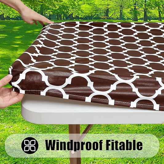 Smiry Rectangle Picnic Table Cover, Waterproof Elastic Fitted Camping Tablecloths for 8 Foot Tables, Wipeable Flannel Backed Vinyl Tablecloth Protector for Indoor, Outdoor (Coffee, 30x96 Inches)