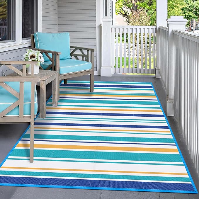 Outdoor Patio Plastic Rug Waterproof - Outdoor Rugs for Camper Outside, Rv, Porch Deck Clearance, Area Carpet for Outside, Balcony, Patio Decor, Blue & Yellow, 4x6 ft