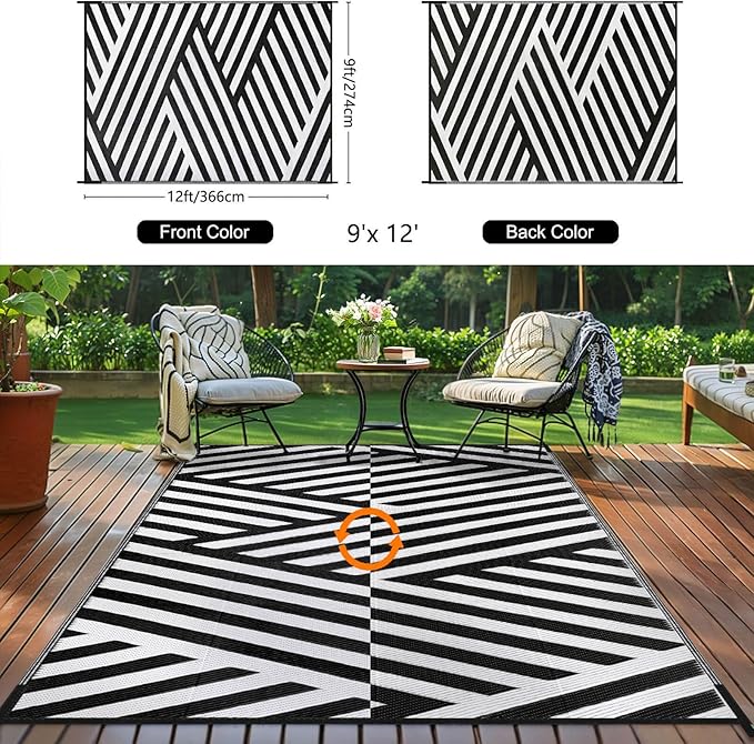 Outdoor Patio Plastic Straw Rug - 9'x12' Outdoor Camping Rug Waterproof Reversible, Area Carpet Patios Clearance RV, Outside Porch Balcony Deck for Camper, White & Black