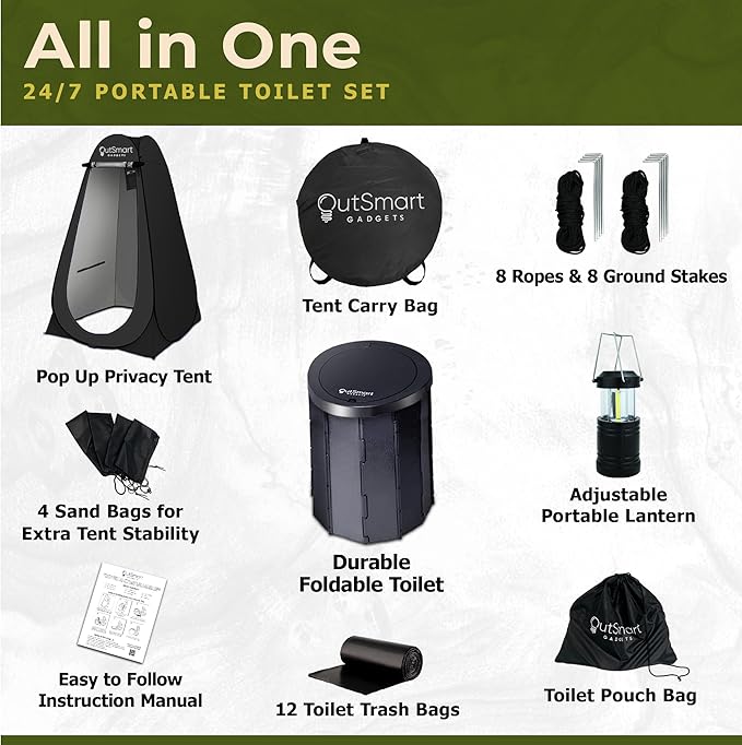 Outdoor Portable Toilet Set for Adults with Camping Night Lantern, Folding XL Toilet, Pop Up Privacy Tent and Carry Bags, Multipurpose Potty, Washable and Foldable for RV Travel