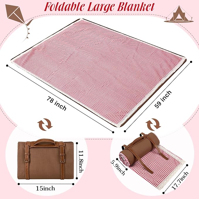Waterproof Picnic Blankets Outdoor Blanket Foldable 2 in 1 Double Layer Sandproof Beach Mat with Carry Strap for Camping Lawn Park Beach Grass(Red White,59 x 79 Inches)