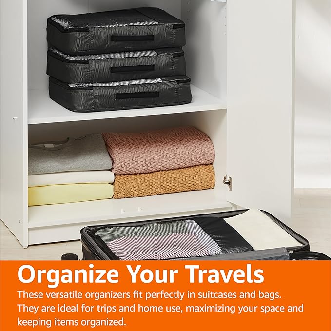 Amazon Basics Large Packing Cubes for Travel, Packing Organizers, 4-Piece-Set With Double Zipper Pulls and Mesh Top Panel, 100% Durable Polyester, Black, 17.5"L x 12.8"W x 3.3"H