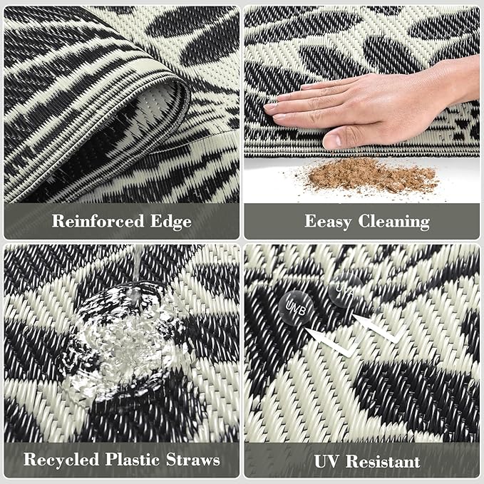Lahome Outdoor Rug Patio Waterproof 6x9, Black Outdoor Plastic Straw Rug for Porch, Portable Lightweight Mats for Backyard Garden Deck Camping Outside, Black White,6'x9'