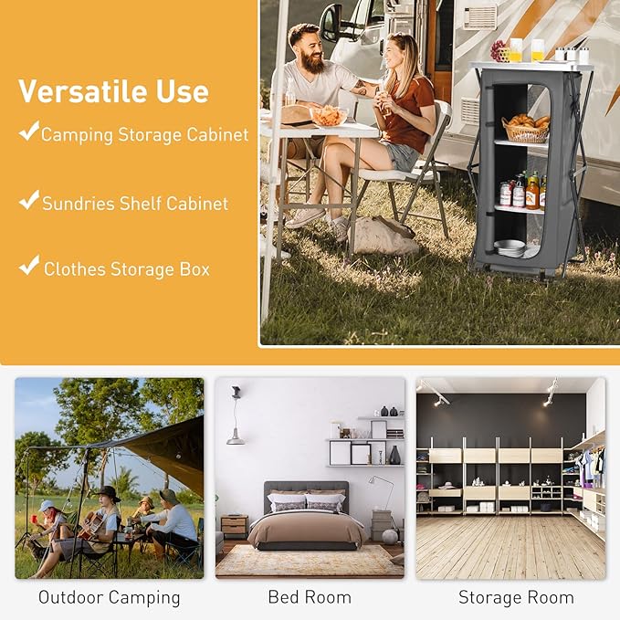 Goplus Folding Camping Storage Cabinet, Pop Up Outdoor Camping Kitchen Station with Large 3-Tier Storage Organizer, Carry Bag, Easy Set Up Portable Compact Camping Table for BBQ Picnic Backyard (47'')