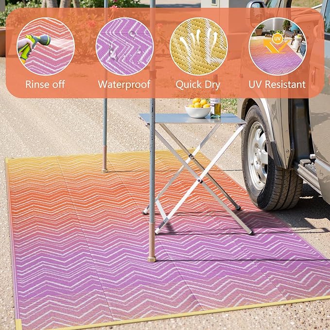 Lahome Colorful Waterproof Outdoor Rug 8x10, Reversible Outdoor Plastic Straw Rug for Patios, Outside RV Mat Carpet for Deck Porch Backyard Balcony Picnic Trailer (Orange/Purple, 8' x 10')