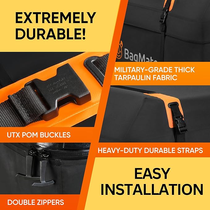 Car Roof Bag - Car Rooftop Cargo Carrier Bag – 19 Cubic Ft Waterproof Roof Rack Cargo Carrier, Includes Anti-Slip Mat, 4 Door Hooks, Reinforced Zipper/Buckle, with or Without Rack
