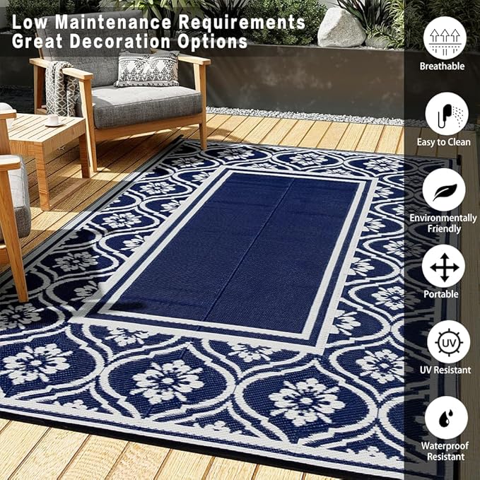 Plastic Outdoor Rug 6'x9' Waterproof Camping Carpet Outside Reversible Area Rug Blue Rugs for RV Deck Entryance Porch Picnic Balcony Beach