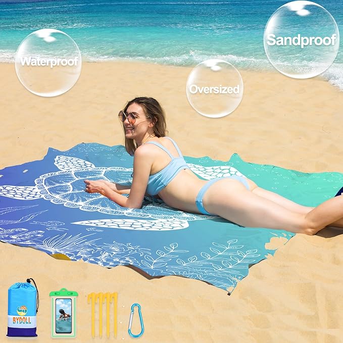 BYDOLL Beach Blanket Waterproof Sandproof 78''×81'' 1-7 Adults Oversized Lightweight Large Picnic Mat Waterproof Sandproof Blanket for Beach