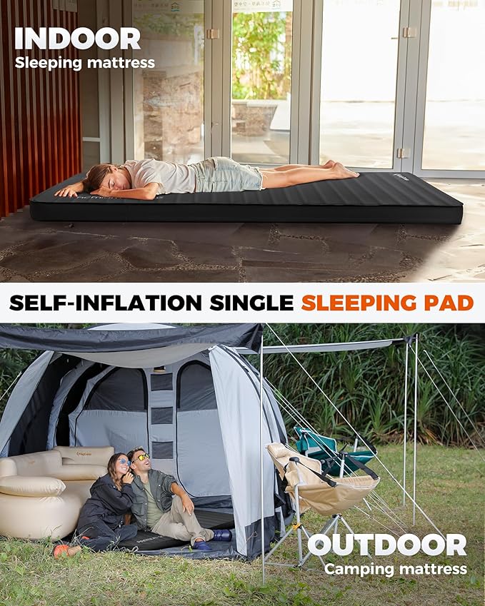 KingCamp Sleeping Pad for Camping, Self Inflating R 7.9 Sleeping Pad for All Seasons, 3" Thick Camping Mattress Mat for Outdoor Tent Cot Car Backpacking, PVC Free (Black)