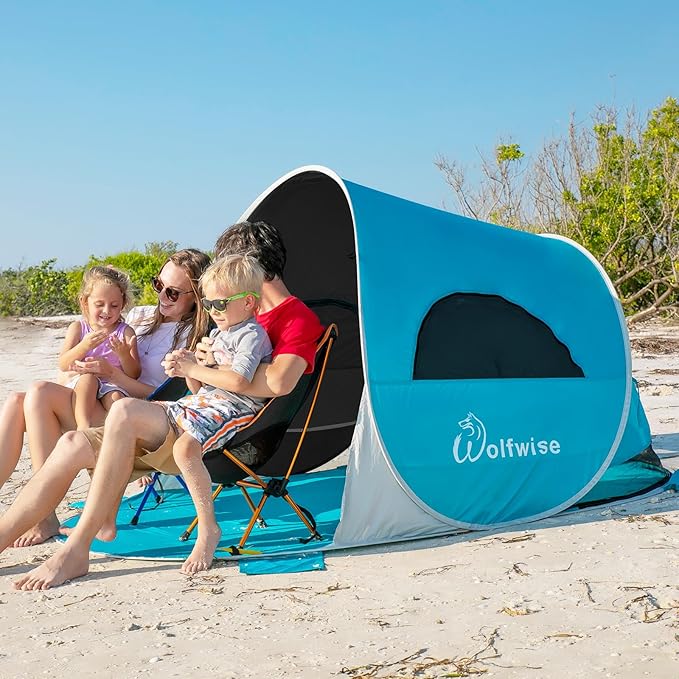 WolfWise UPF 50+ Easy Pop Up 3-4 Person Beach Tent Sport Umbrella Instant Sun Shelter Tent Sun Shade Canopy, Dark Shelter-Blue