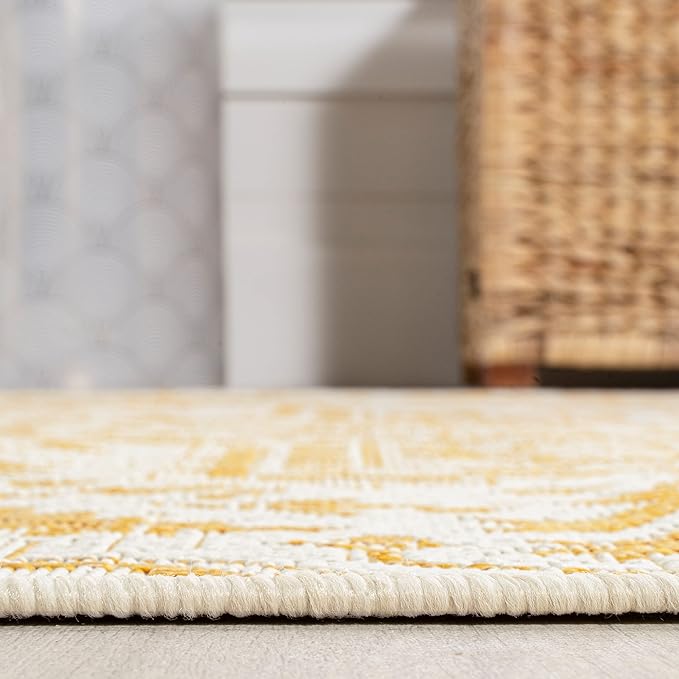 JONATHAN Y SMB105H-210 Estrella Bohemian Medallion Textured Weave Indoor Outdoor Runner Rug, Coastal,Traditional,Transitional Easy Clean,Bedroom,Kitchen,Backyard,Patio, Non-Shed, Cream/Yellow, 2 X 10
