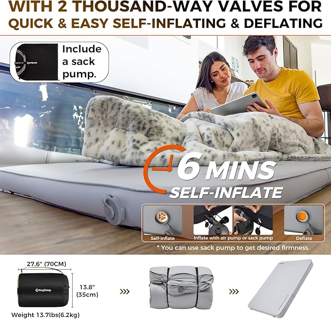 KingCamp Luxury 3D Insulated Double Self Inflating Camping Sleeping Pad, Portable Large Thick Self Inflatable Foam Air Mattress