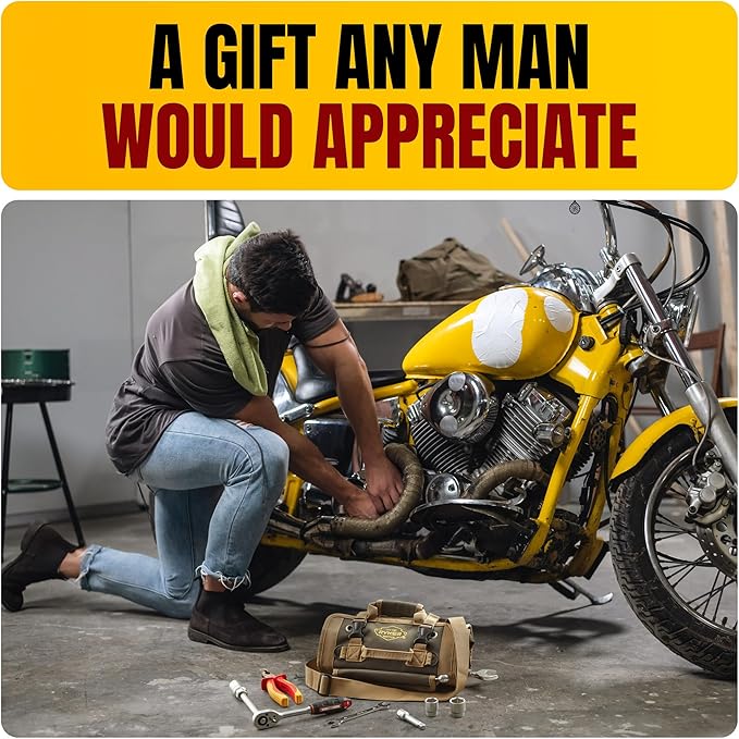 The Ryker Roll Up Tool Bag Organizer Gifts for him Heavy Duty Motorcycle Tool Roll Bag Organizer Portable Rollup Toolbag w/Accessible Pouches - Mens gifts for Dad, Mechanic & Electrician (AP-TR)