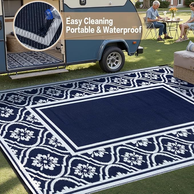 Plastic Outdoor Rug 6'x9' Waterproof Camping Carpet Outside Reversible Area Rug Blue Rugs for RV Deck Entryance Porch Picnic Balcony Beach