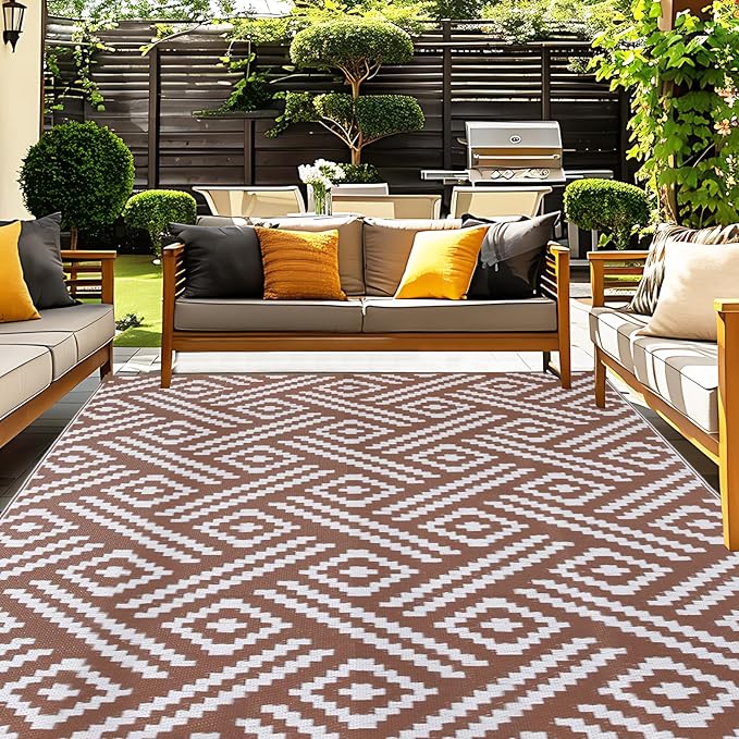 OPPODREAM Outdoor Rug 9x12 Patio Waterproof, Large Outdoor Plastic Straw Rug, Reversible Out Door Carpet for Camping, Deck, Rv, 9 x 12 Area Carpet for Balcony, Porch, Backyard, White and Brown