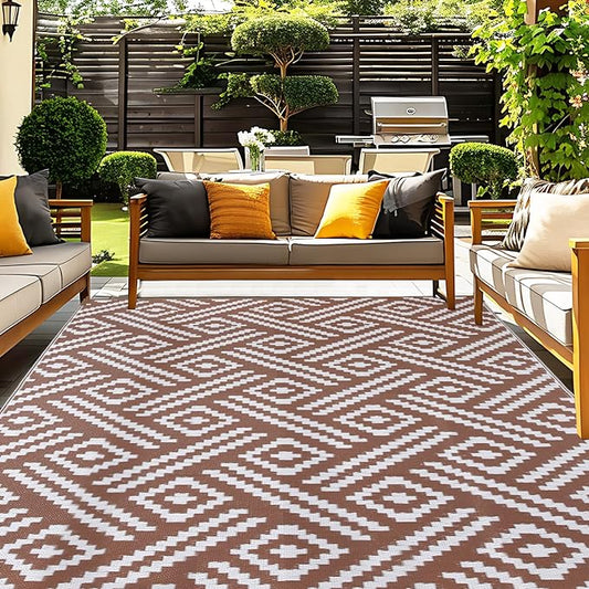 OPPODREAM Outdoor Rug 5x8 Ft, Waterproof Outdoor Plastic Straw Rug for Patio, Reversible Out Door Carpet for Camping, Deck, Rv, 5 x 8 Area Carpet for Balcony, Porch, Backyard, White and Brown