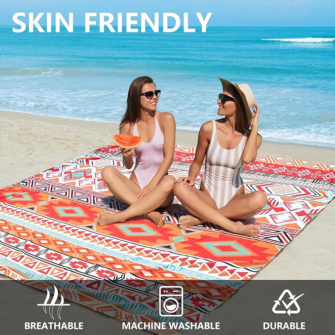 Beach Blanket, Sandproof Beach Mat, Waterproof Quick Drying Lightweight Outdoor Aztec Picnic Mat 79" X 83"/120"x108" for 2-8 Adults for Travel, Camping, Hiking