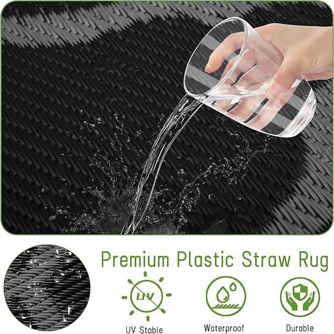 Easy-Going Reversible Outdoor Rugs 9x12ft Waterproof Plastic Straw Rug Stain & UV Resistant Floor Mat for Patio Porch RV Backyard Pool Deck Picnic Beach Trailer Camping (Moroccan Black & Grey)