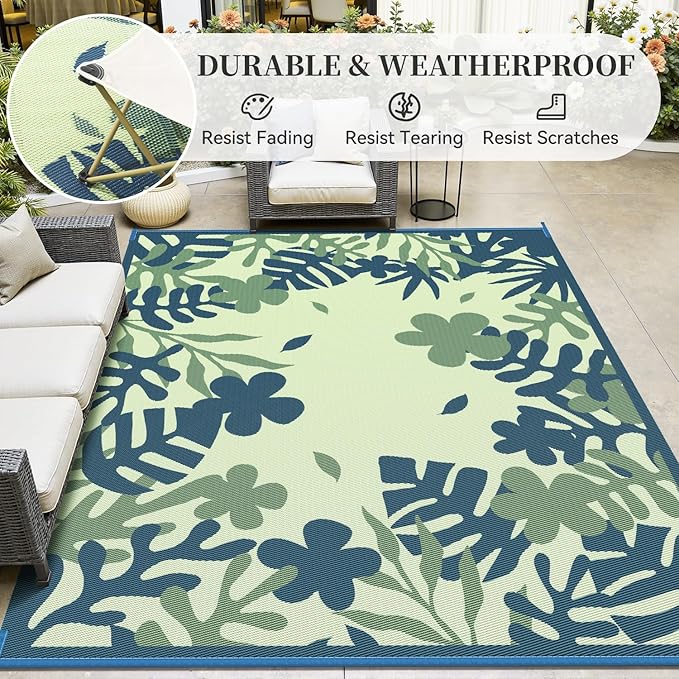 MontVoo Outdoor Rug Waterproof 8x10 ft RV Outdoor Rug for Camping Picnic Mat Outdoor Patio Rug Carpet Plastic Straw Reversible Floral Teal Blue Green