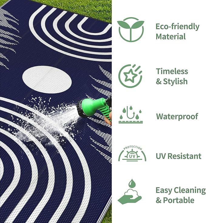 GENIMO Outdoor Rug 5' x 8' Waterproof for Patio Clearance, Reversible Plastic Straw Camping Carpet, Lightweight Rugs Mats for Rv, Backyard, Deck, Porch, Picnic, Balcony, Mix-Blue & White