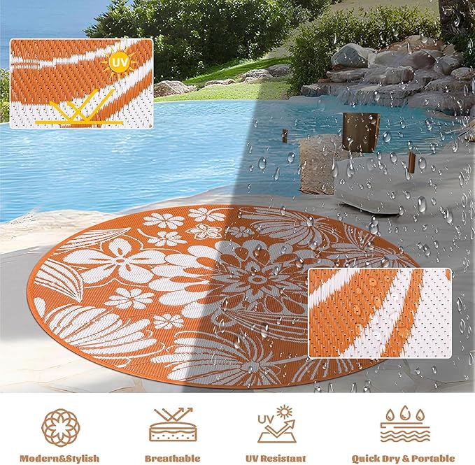 Ileading Round Outdoor Plastic Straw Rug 6ft Funny Floral Style Reversible Patio Area Rugs Waterproof Non Shedding Portable Carpets for Rv Outside Deck Pool Beach Picnic Camping (Orange)