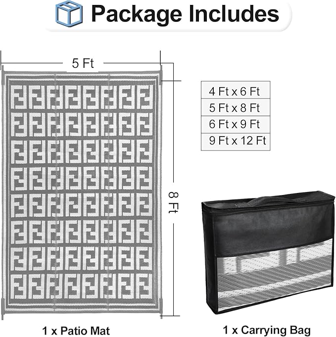 OutdoorLines Outdoor Plastic Area Rugs for Patio 5x8 ft - Reversible Outside Carpet, Stain & UV Resistant RV Mats, Straw Rug for Camping, Deck Garden, Porch and Balcony, Geometry Grey & Light Grey