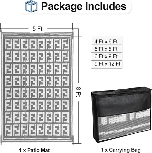 OutdoorLines Outdoor Plastic Area Rugs for Patio 5x8 ft - Reversible Outside Carpet, Stain & UV Resistant RV Mats, Straw Rug for Camping, Deck Garden, Porch and Balcony, Geometry Grey & Light Grey