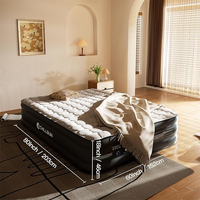 CHILLSUN Luxury Queen Air Mattress with Built in Pump,18" Raised Comfort Blow up Mattress,Dual Layer Mattress Topper Airbed, Durable Inflatable Mattress for Guests Home, Colchon Inflable 800lbs Max