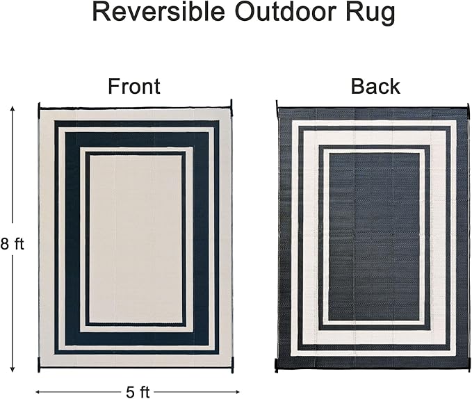 RURALITY Outdoor Rugs 5x8 Waterproof for Patios Clearance,Plastic Straw Mats for Backyard,Porch,Deck,Balcony,Reversible,Black and Beige