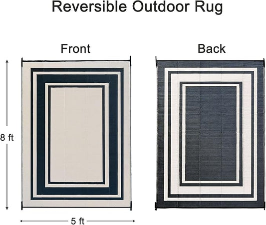 RURALITY Outdoor Rugs 5x8 Waterproof for Patios Clearance,Plastic Straw Mats for Backyard,Porch,Deck,Balcony,Reversible,Black and Beige