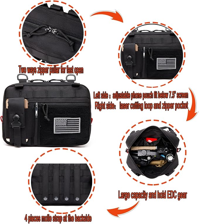 Tactical Molle Admin Pouch of Laser Cut Design,Medical EMT Organizer with Phone Pouch,EDC EMT Pack IFAK Tool Holder with US Patch (Large Black-Without Accessories)