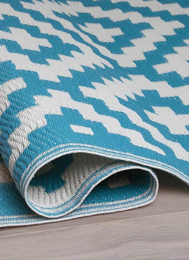 FH Home Outdoor Camping Rug - Waterproof, Fade Resistant, Reversible - Premium Recycled Plastic - Geometric - Large Patio, Deck, Sunroom, RV - Aztec - Teal & White - 9 x 12 ft Foldable