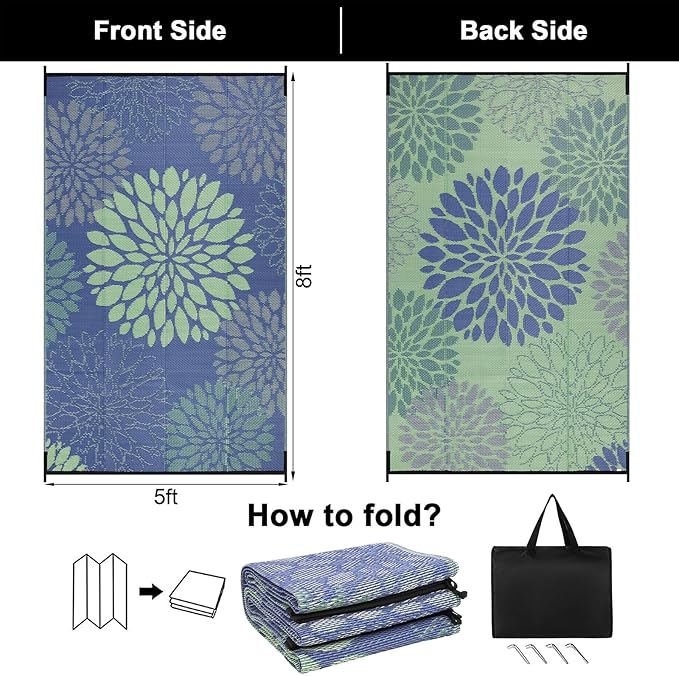 Ileading Reversible Outdoor Rug 5x8Ft Waterproof Patio Rug Carpet Portable Outdoor Plastic Straw Rug Large RV Camping Mat Rug for Patio, Clearance, Deck, Beach, Porch, Camping, Picnic, Colorful