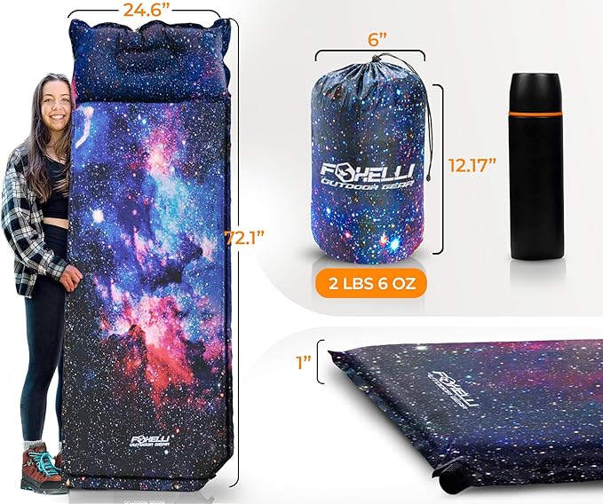 Foxelli Self Inflating Sleeping Pad for Camping, Backpacking, Hiking, Insulated Foam Lightweight Camping Mat, Inflatable Camp Mattress with Pillow