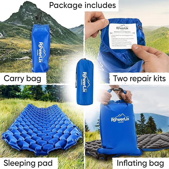 POWERLIX Camping Sleeping Pad - Ultralight Inflatable Camping Mattress Sleeping Mat for Backpacking, Hiking, Compact Lightweight Sleeping Pad, Inflation Bag/Repair Kit Included