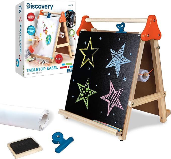 Discovery Kids 3-in-1 Tabletop Dry Erase Chalkboard Painting Art Easel, Includes Paper Roll and Oversized Clip, 17 x 15 Inch Wood Frame, Perfect for Children 3+ | Foldable/Portable for Countertop Play