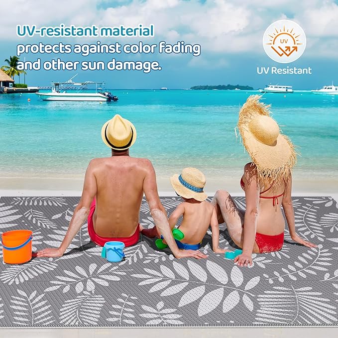 Outdoor Rug, Patio Rug, Plastic Straw Camping Rugs, Large Waterproof Area Rug and Mat for Outdoors, RV, Patio, Backyard, Deck, Porch, Beach, Balcony, (4'x 6', White&Gray)