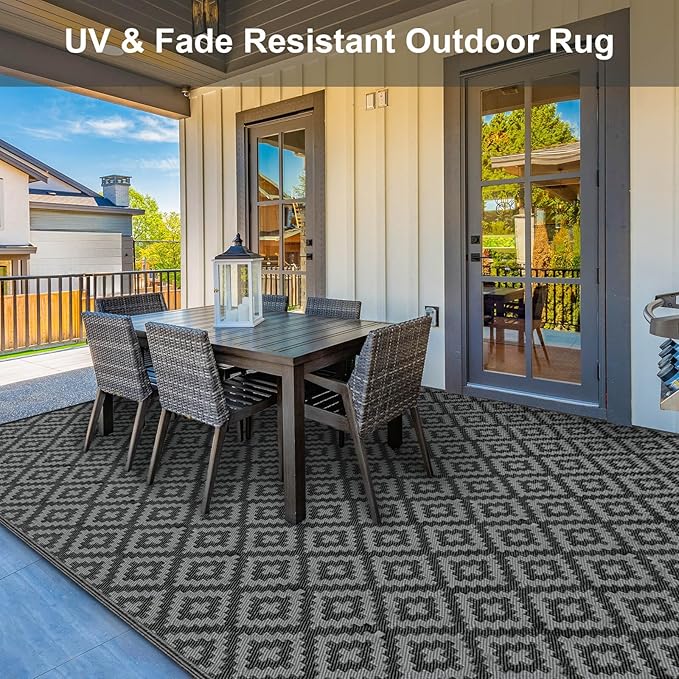 Outdoor Patio Plastic Straw Rug - 9'x12' Outdoor Camping Rug Waterproof Reversible, Area Carpet Patios Clearance RV, Outside Porch Balcony Deck for Camper, Black & Grey