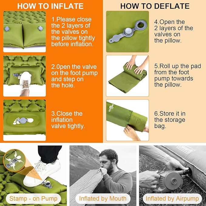 Double Sleeping Pad, Ultralight 4" Extra-Thick Self Inflating Sleeping Mat for 2 Person with Pillow Built-in Foot Pump Portable Camping Mat for Backpacking, Hiking, Traveling, Tent, Camping