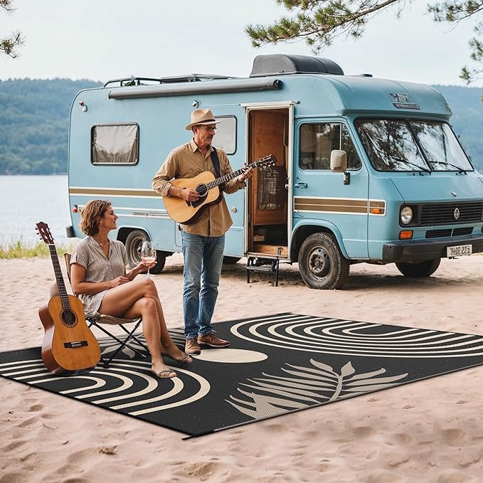 GENIMO Outdoor Rug 6' x 9' Waterproof for Patio Clearance, Reversible Lightweight Plastic Straw Camping Carpet, Large Area Rugs Mats for Rv, Backyard, Deck, Porch, Picnic, Balcony, Mix-Black & Beige