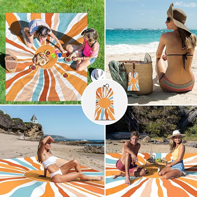 Beach Blanket Waterproof Sandproof, Large Picnic Blankets with Stakes and Storage Bag, Lightweight Quick Drying, Compact Beach Mat Vacation Essentials for Outdoors, Camping, Trips-Summer Sunshine