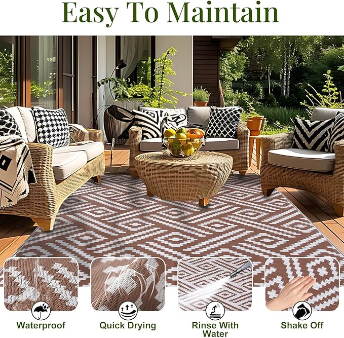OPPODREAM Outdoor Rug 5x8 Ft, Waterproof Outdoor Plastic Straw Rug for Patio, Reversible Out Door Carpet for Camping, Deck, Rv, 5 x 8 Area Carpet for Balcony, Porch, Backyard, White and Brown