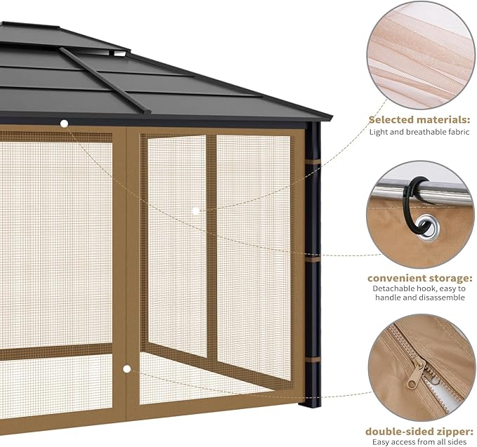 Gazebo Replacement Mosquito Netting Outdoor Universal Gazebo Canopy 4-Panels Screen Sidewalls with Zipper for Patio Garden (Brown, 10x12)