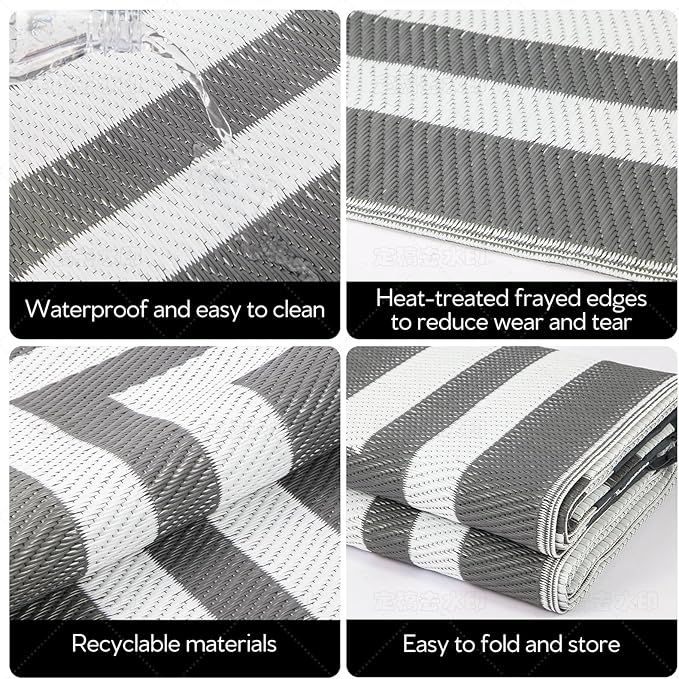 8'x 10' Outdoor Rug,Waterproof Reversible Patio Rugs,8x10 ft Plastic Straw Outdoor Carpet Foldable Plastic Camping Mat for Outside RV, Patio,Picnic,Camper,Balcony,Porch(Gray&White)